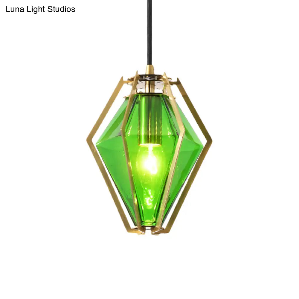 Modern Glass Diamond Pendant Light - Green/Clear/Textured White 1 Stout/Linear/Bell Metal Cage