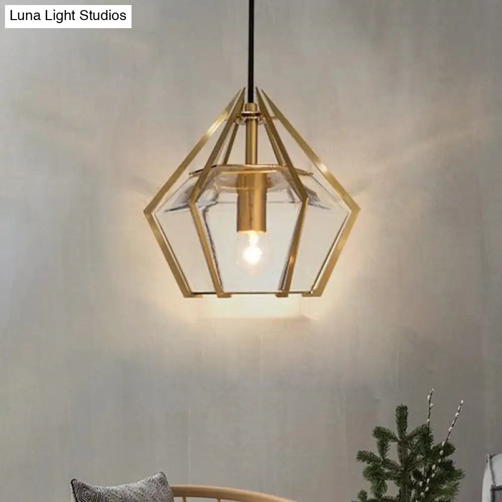 Modern Diamond Pendant Light With Metal Cage And Textured Glass In Green/Clear/White