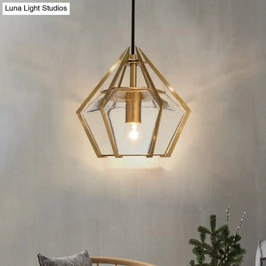 Modern Diamond Pendant Light With Metal Cage And Textured Glass In Green/Clear/White