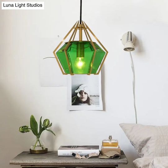 Modern Diamond Pendant Light With Metal Cage And Textured Glass In Green/Clear/White