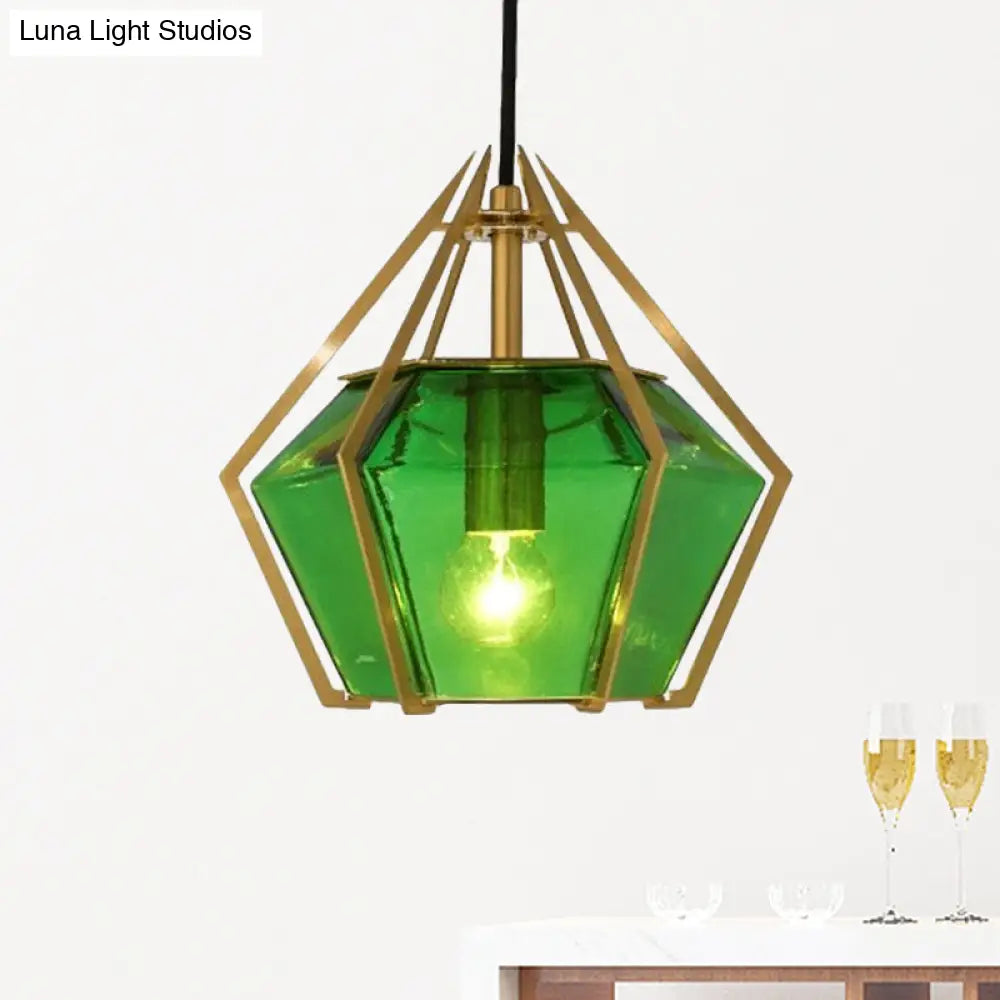 Modern Diamond Pendant Light With Metal Cage And Textured Glass In Green/Clear/White Green / C