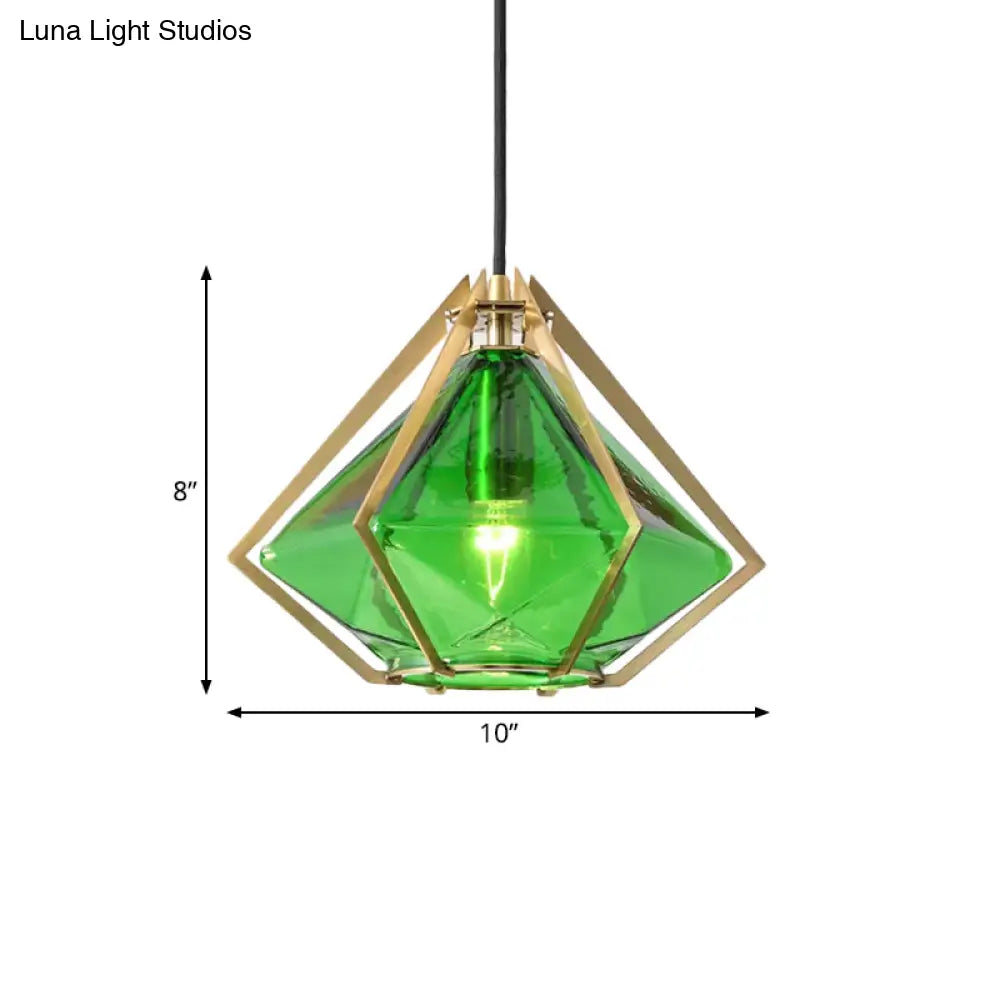 Modern Diamond Pendant Light With Metal Cage And Textured Glass In Green/Clear/White