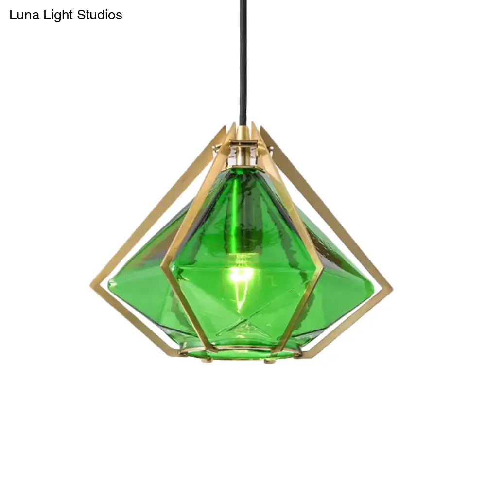 Modern Diamond Pendant Light With Metal Cage And Textured Glass In Green/Clear/White