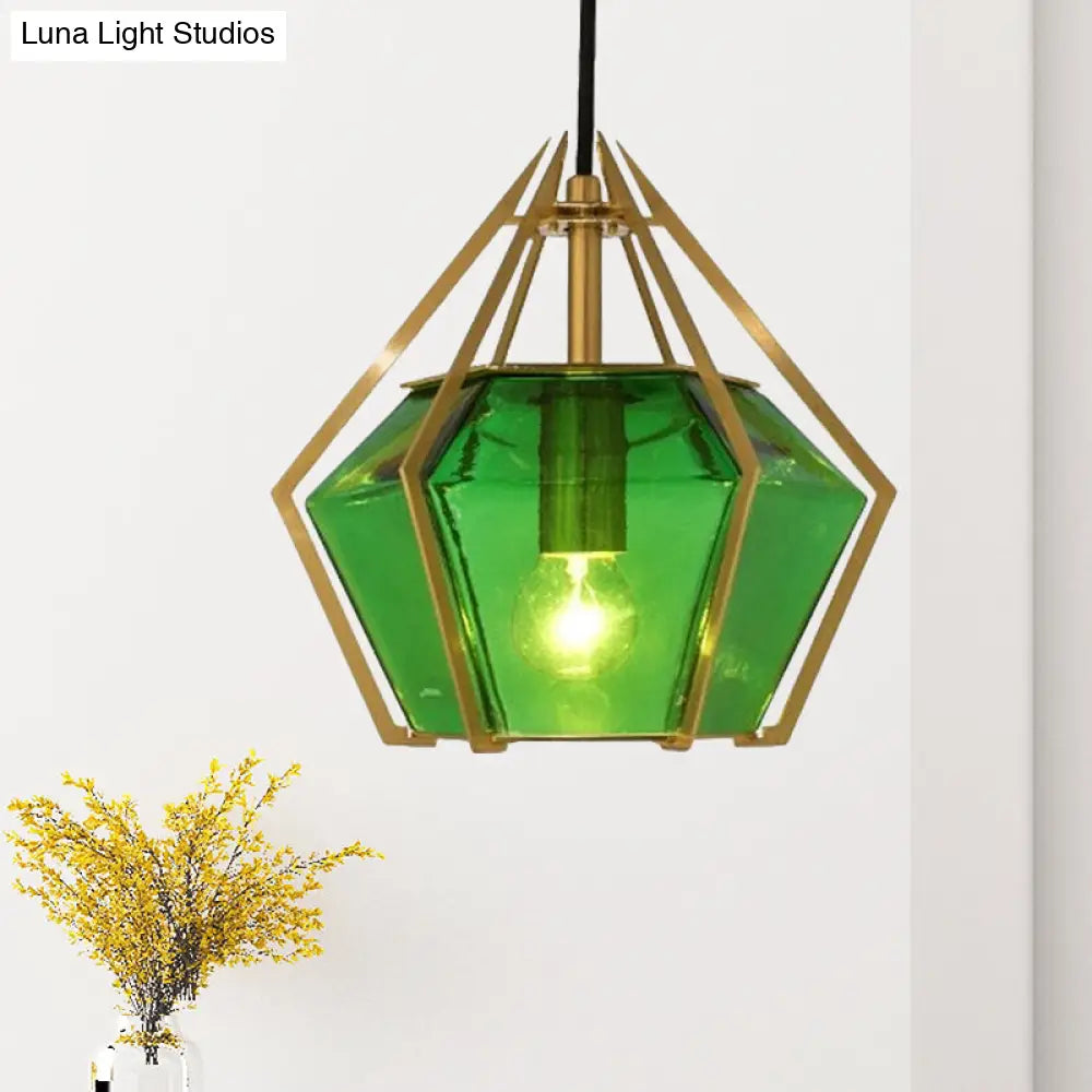 Modern Diamond Pendant Light With Metal Cage And Textured Glass In Green/Clear/White