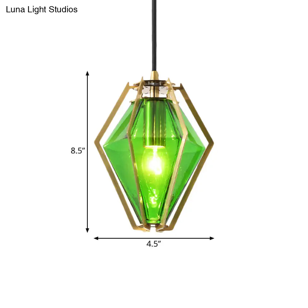 Modern Diamond Pendant Light With Metal Cage And Textured Glass In Green/Clear/White