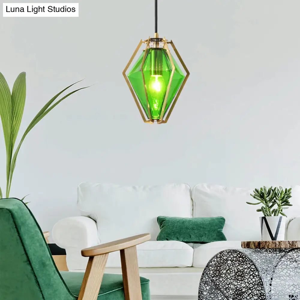 Modern Diamond Pendant Light With Metal Cage And Textured Glass In Green/Clear/White