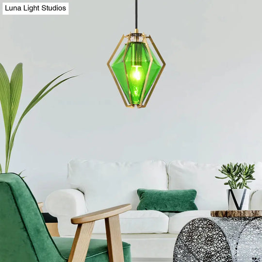 Modern Diamond Pendant Light With Metal Cage And Textured Glass In Green/Clear/White