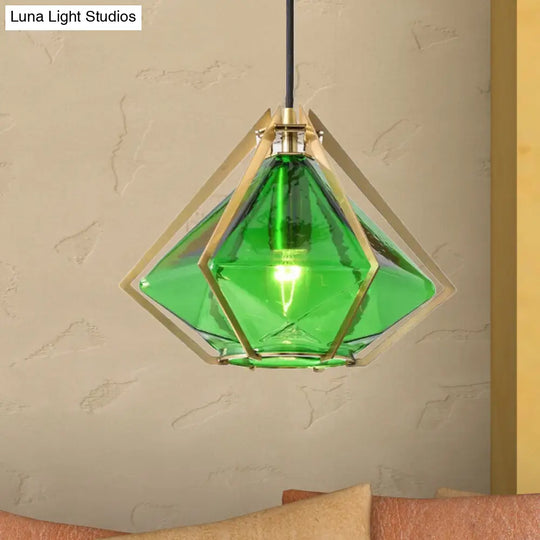 Modern Diamond Pendant Light With Metal Cage And Textured Glass In Green/Clear/White Green / A