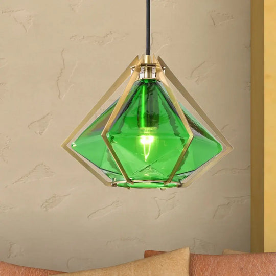 Modern Glass Diamond Pendant Light - Green/Clear/Textured White 1 Stout/Linear/Bell Metal Cage