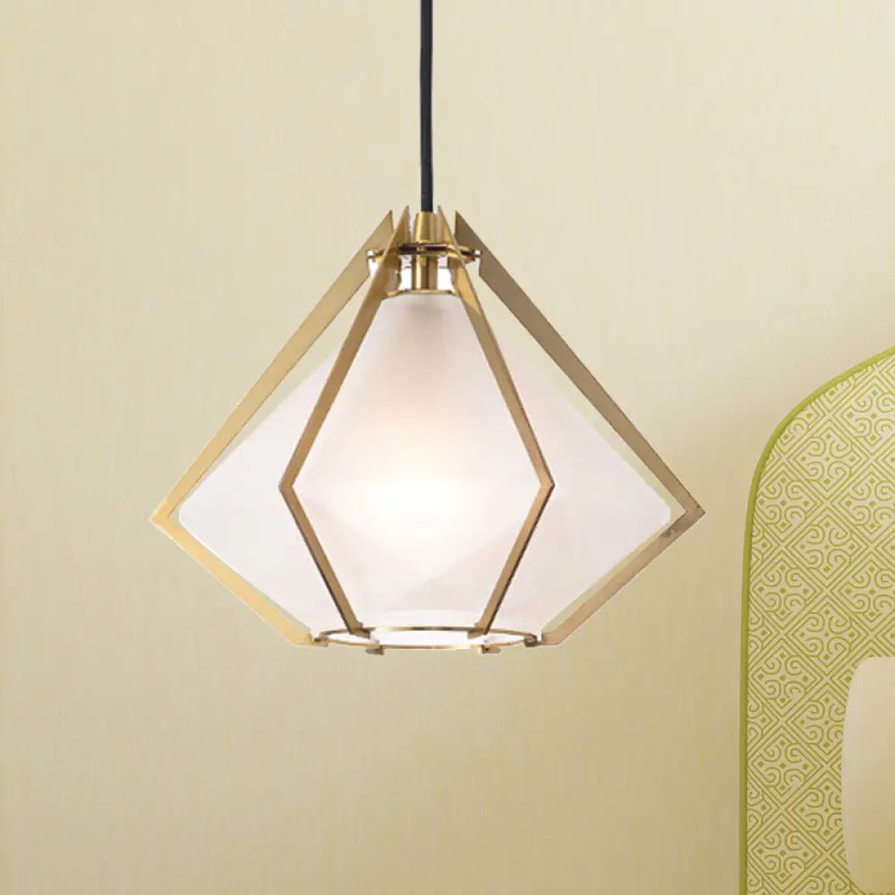 Modern Glass Diamond Pendant Light - Green/Clear/Textured White 1 Stout/Linear/Bell Metal Cage