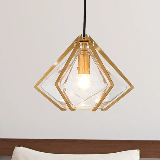 Modern Glass Diamond Pendant Light - Green/Clear/Textured White 1 Stout/Linear/Bell Metal Cage