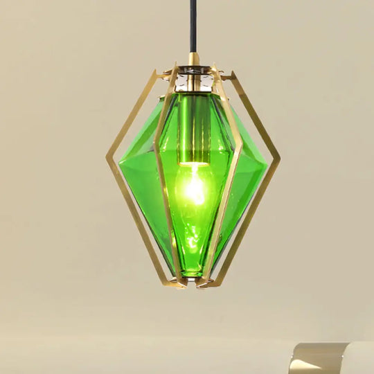 Modern Glass Diamond Pendant Light - Green/Clear/Textured White 1 Stout/Linear/Bell Metal Cage