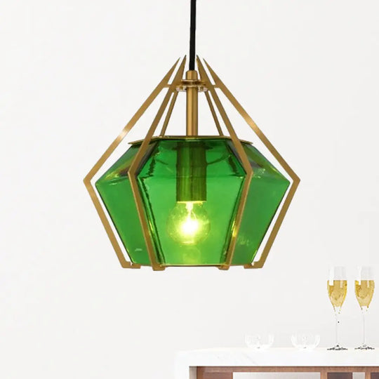 Modern Glass Diamond Pendant Light - Green/Clear/Textured White 1 Stout/Linear/Bell Metal Cage