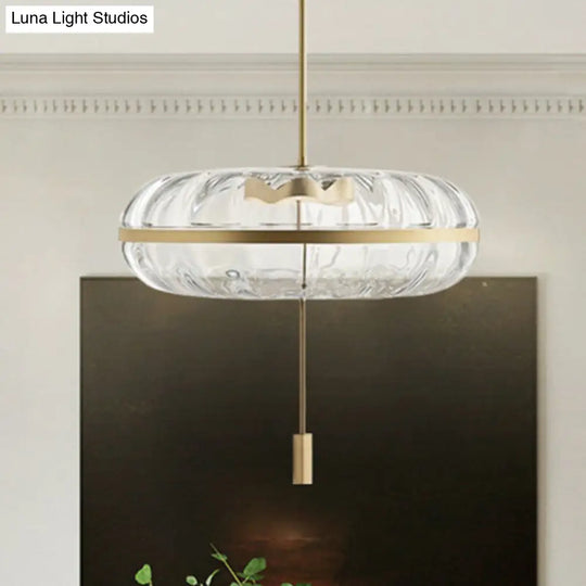 Ribbed Glass Doughnut Pendant Light Fixture With Brass Head For Modern Space Clear