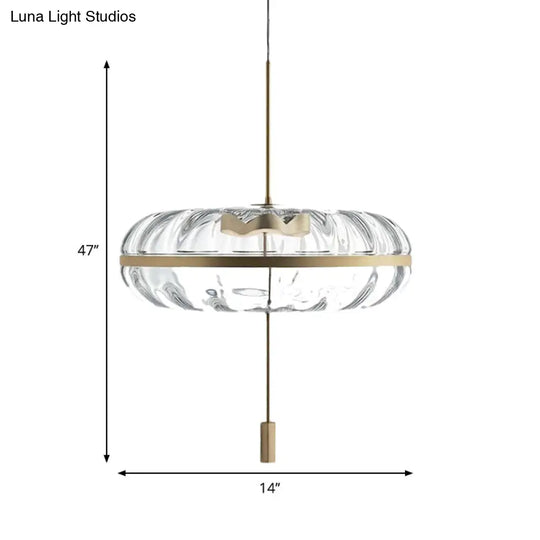 Ribbed Glass Doughnut Pendant Light Fixture With Brass Head For Modern Space