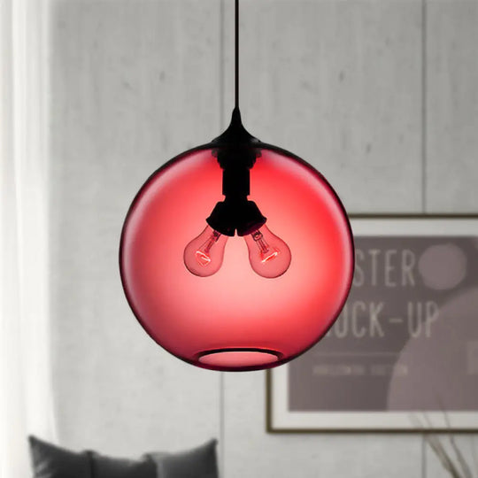 Modern Glass Globe Pendant Light - 2 Lights Red/Brown/Clear Red