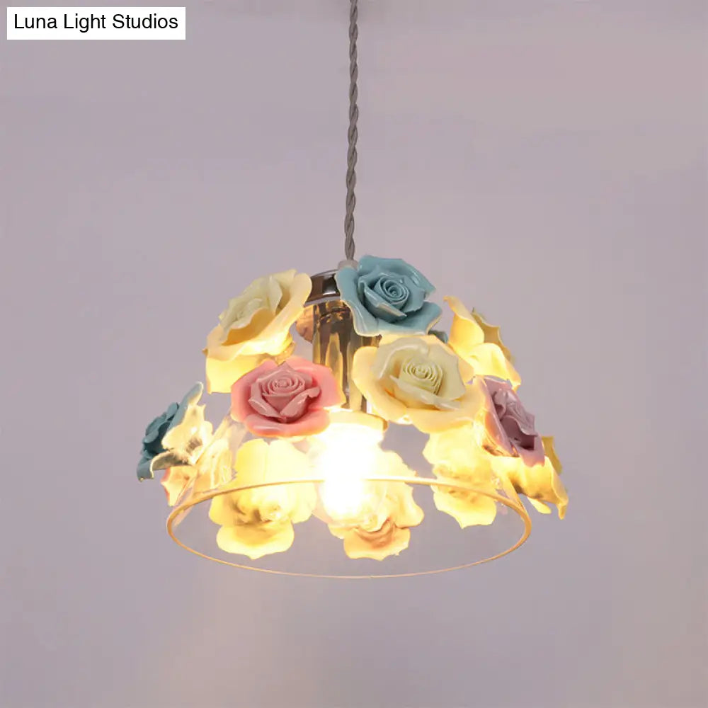 Modern Glass Hanging Lamp With Flower Decor - 1-Light Pendant In Conical Shape Colorful Accents