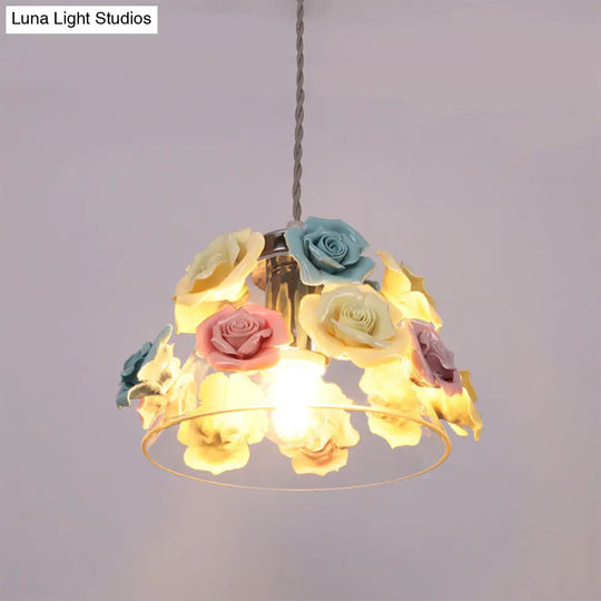Modernist 1-Light Conical Glass Hanging Lamp With Flower Decor (Blue-Pink-Yellow)