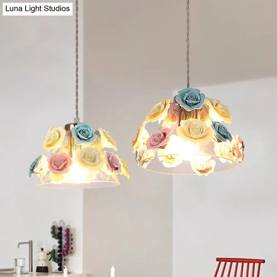 Modernist 1-Light Conical Glass Hanging Lamp With Flower Decor (Blue-Pink-Yellow)