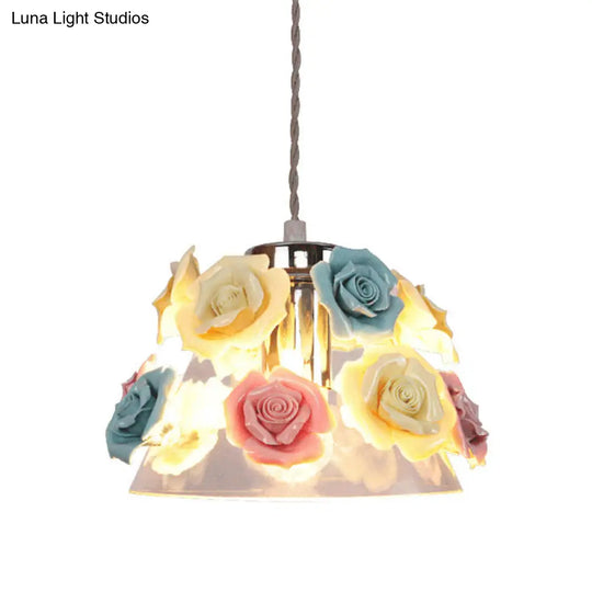 Modern Glass Hanging Lamp With Flower Decor - 1-Light Pendant In Conical Shape Colorful Accents