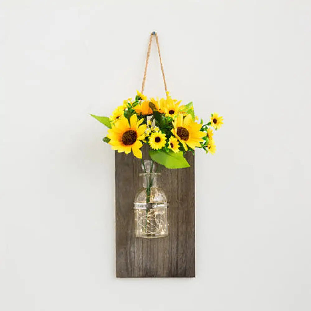 Modern Glass Jar Wall Sconce With Daisy/Rose Accents And Wood Backplate Yellow