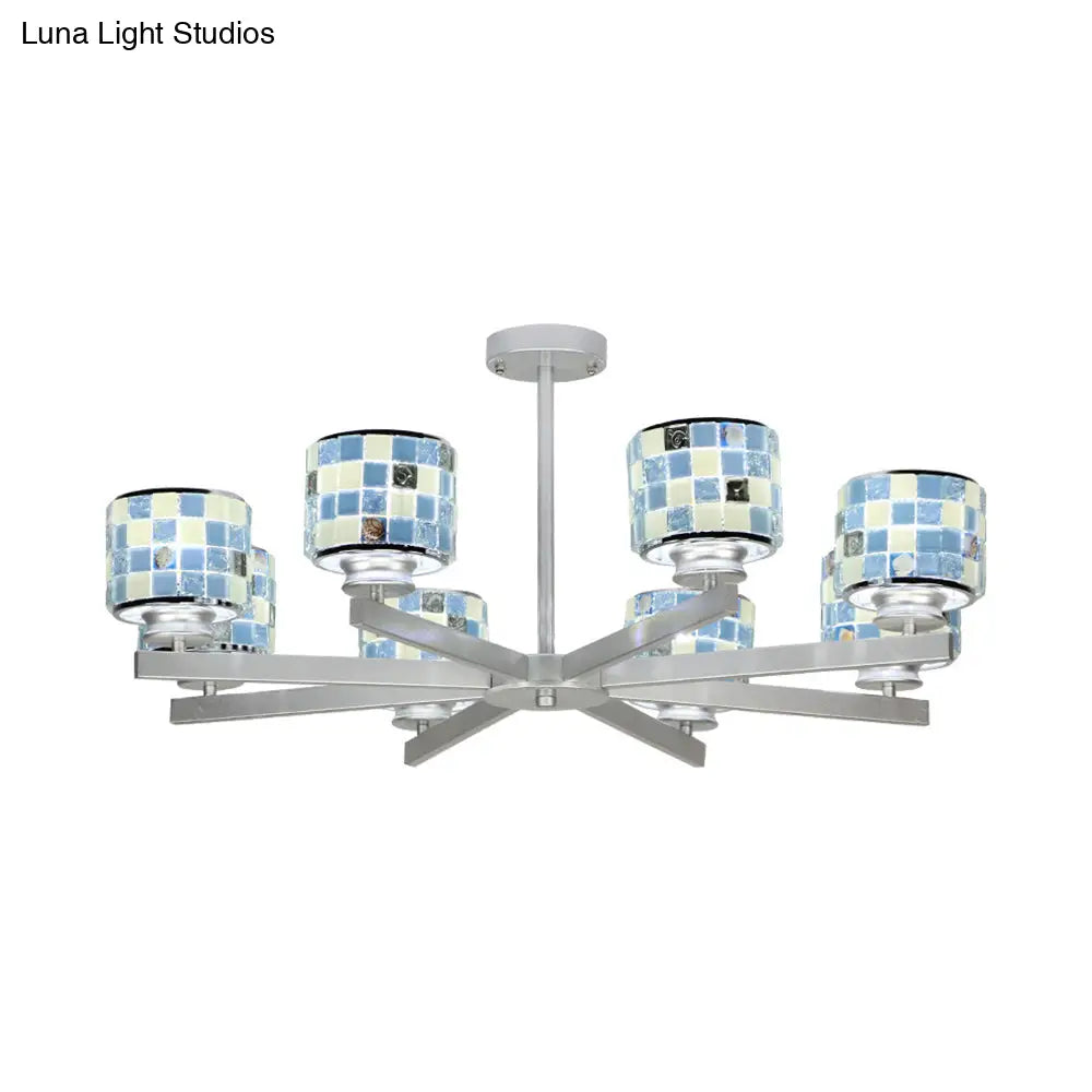 Modern Glass Mosaic Drum Chandelier - 8-Light Indoor Lighting Fixture In Blue/Yellow For Living Room