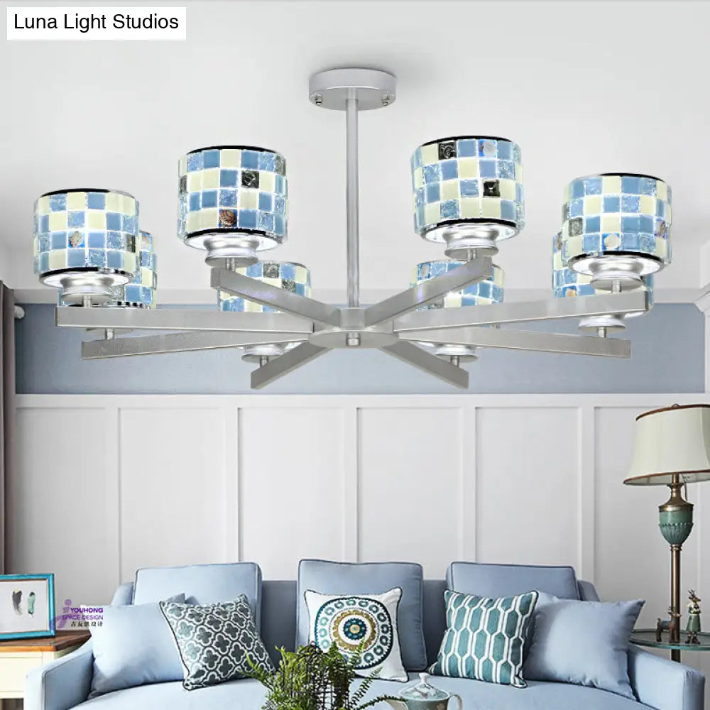 Modern Glass Mosaic Drum Chandelier - 8-Light Indoor Lighting Fixture In Blue/Yellow For Living Room