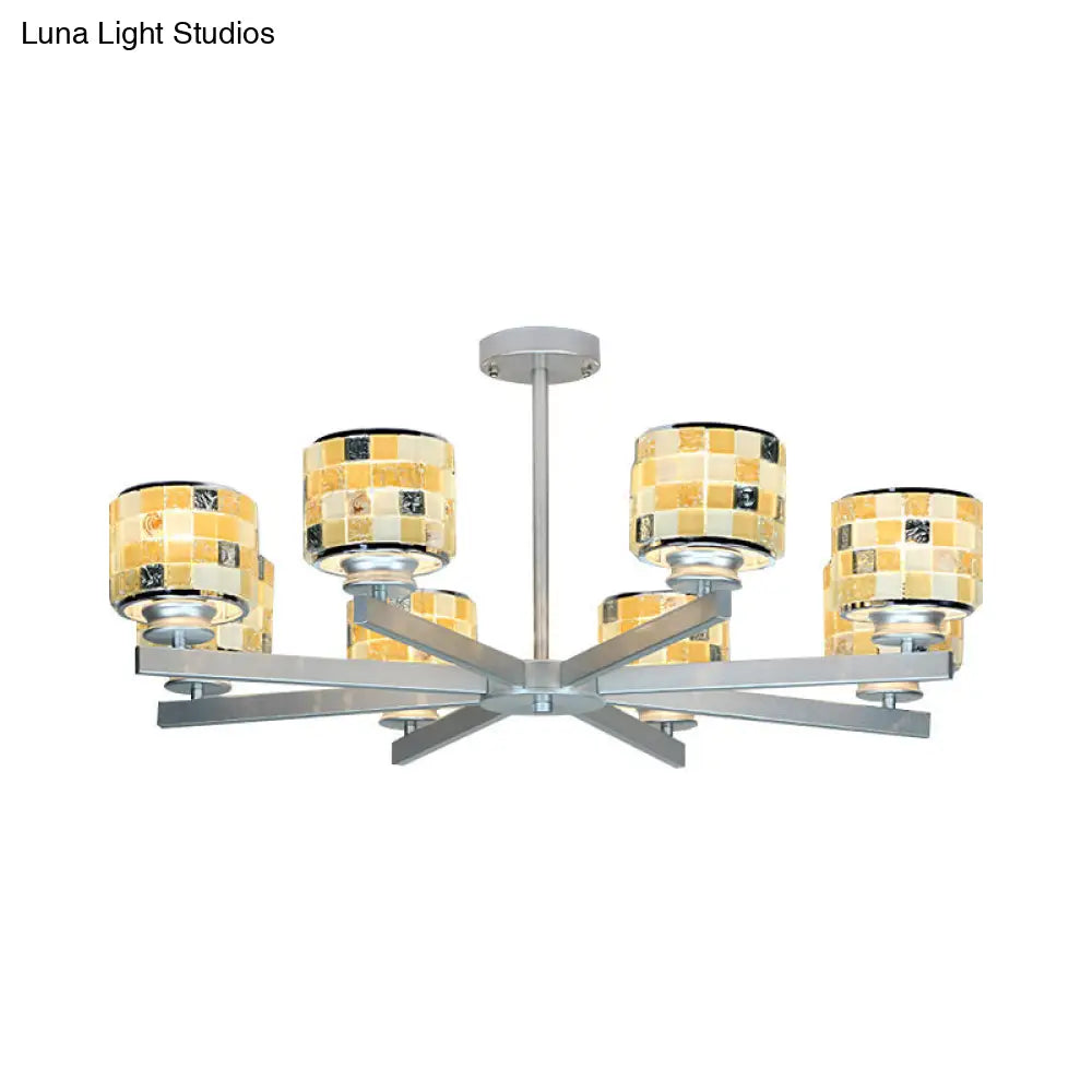 Modern Glass Drum Indoor Chandelier - Blue/Yellow Mosaic Design 8 Lights Ideal For Living Room