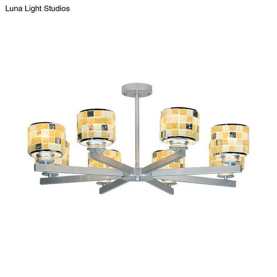 Modern Glass Drum Indoor Chandelier - Blue/Yellow Mosaic Design 8 Lights Ideal For Living Room