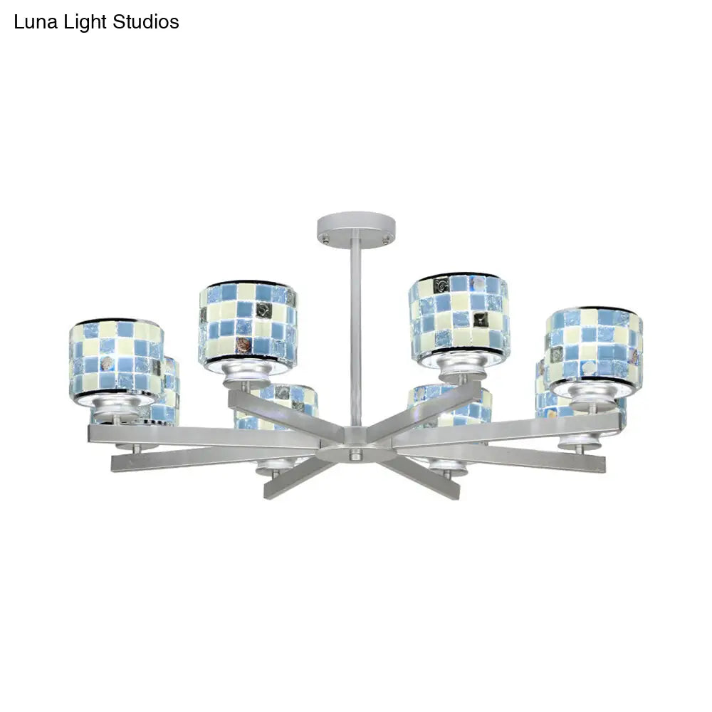 Modern Glass Drum Indoor Chandelier - Blue/Yellow Mosaic Design 8 Lights Ideal For Living Room