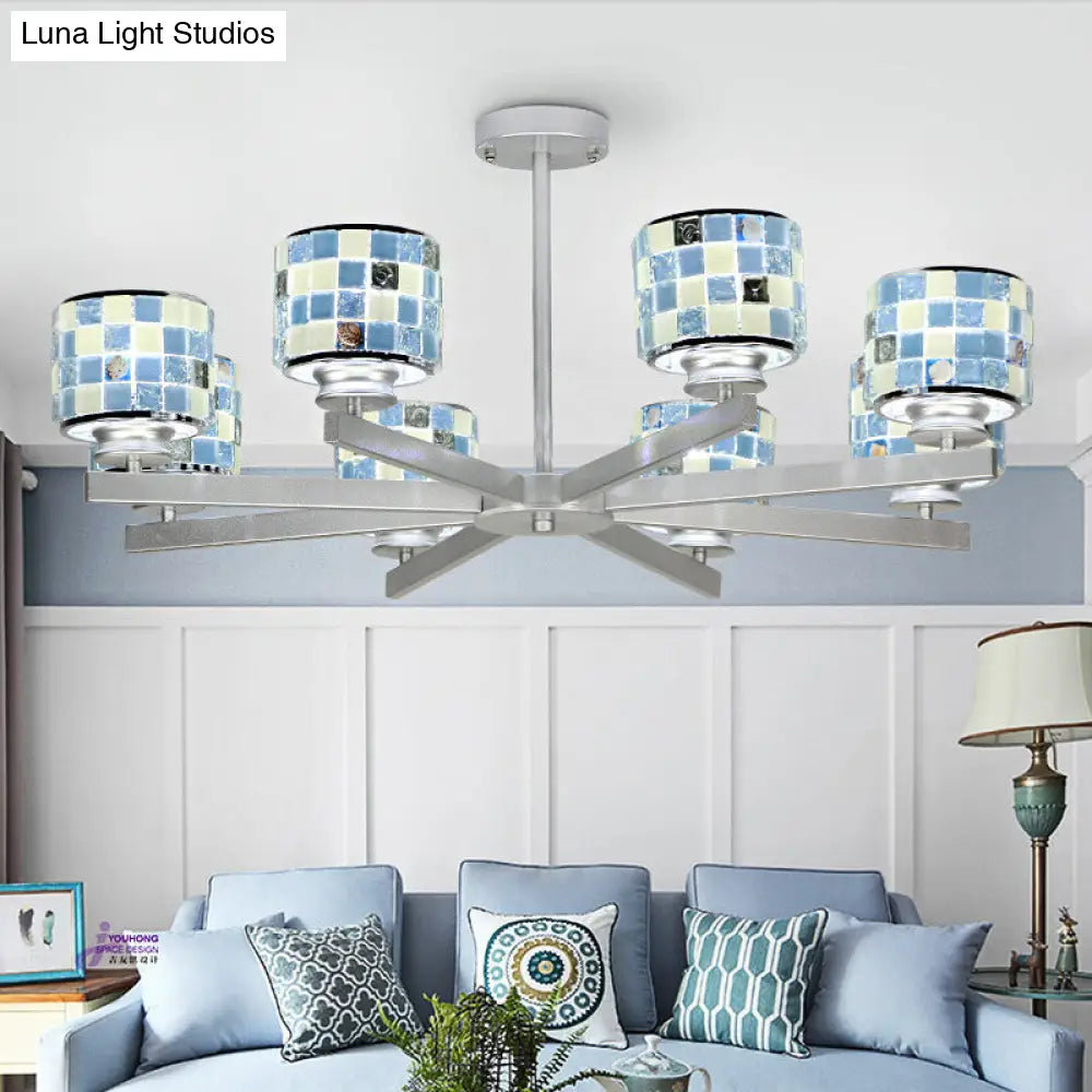 Modern Glass Drum Indoor Chandelier - Blue/Yellow Mosaic Design 8 Lights Ideal For Living Room