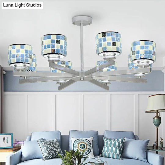 Modern Glass Drum Indoor Chandelier - Blue/Yellow Mosaic Design 8 Lights Ideal For Living Room