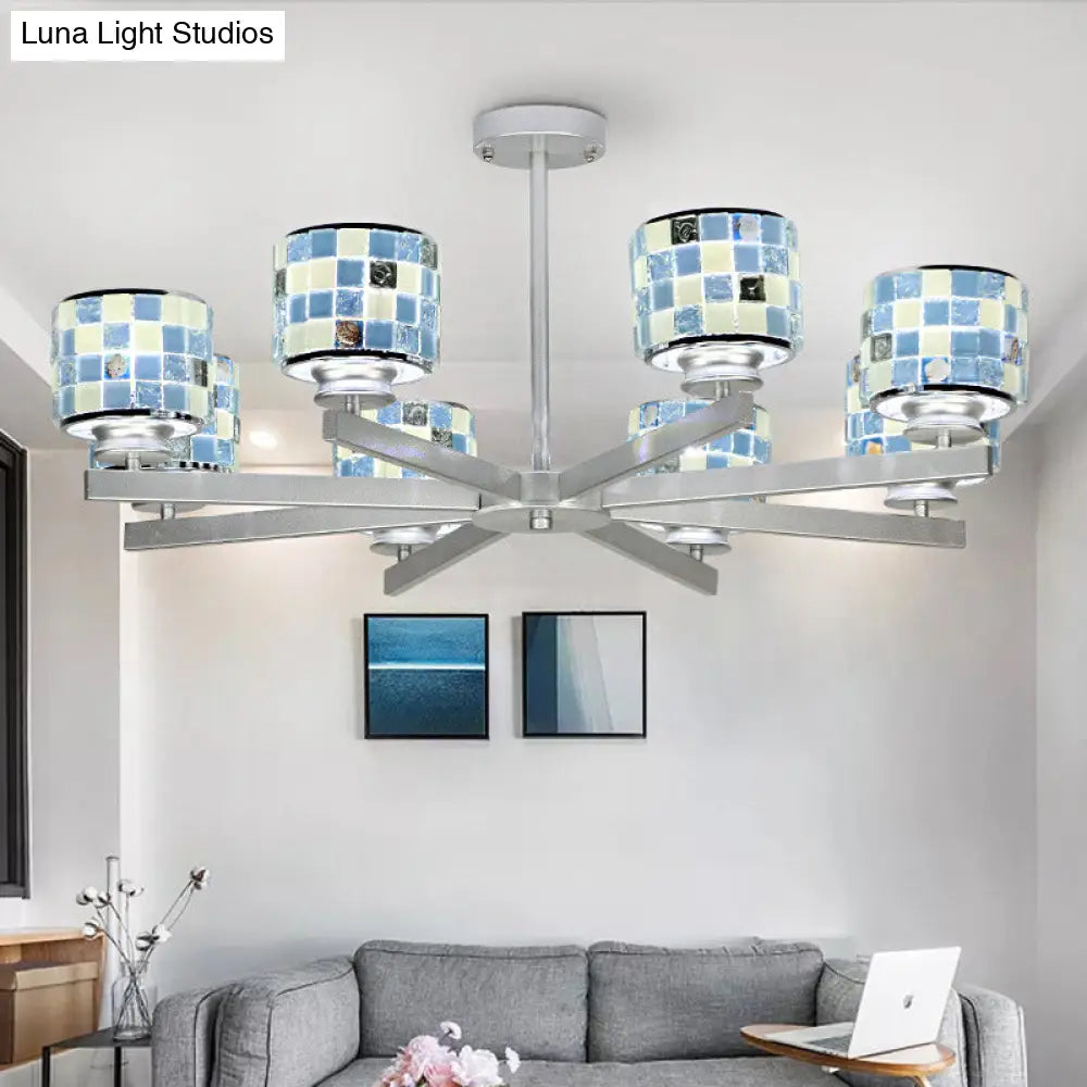 Modern Glass Drum Indoor Chandelier - Blue/Yellow Mosaic Design 8 Lights Ideal For Living Room