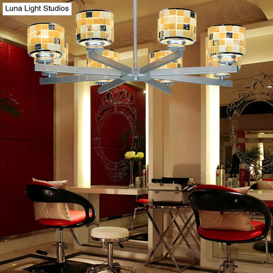 Modern Glass Drum Indoor Chandelier - Blue/Yellow Mosaic Design 8 Lights Ideal For Living Room