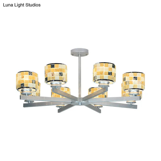 Modern Glass Mosaic Drum Chandelier - 8-Light Indoor Lighting Fixture In Blue/Yellow For Living Room