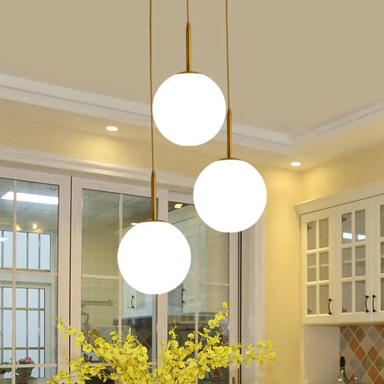 Modern Glass Orb Ceiling Light With 3 Brass Lights - White Pendant Lamp