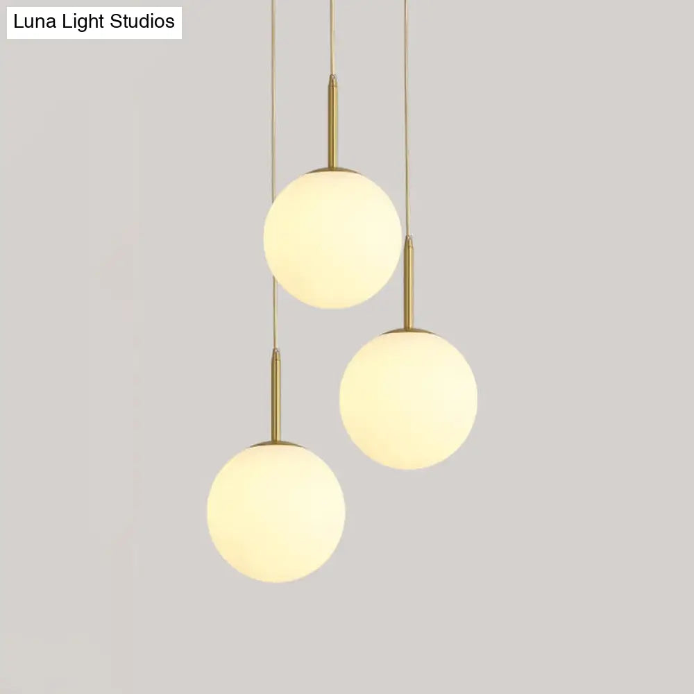 Modern Glass Orb Ceiling Light With 3 Brass Lights - White Pendant Lamp