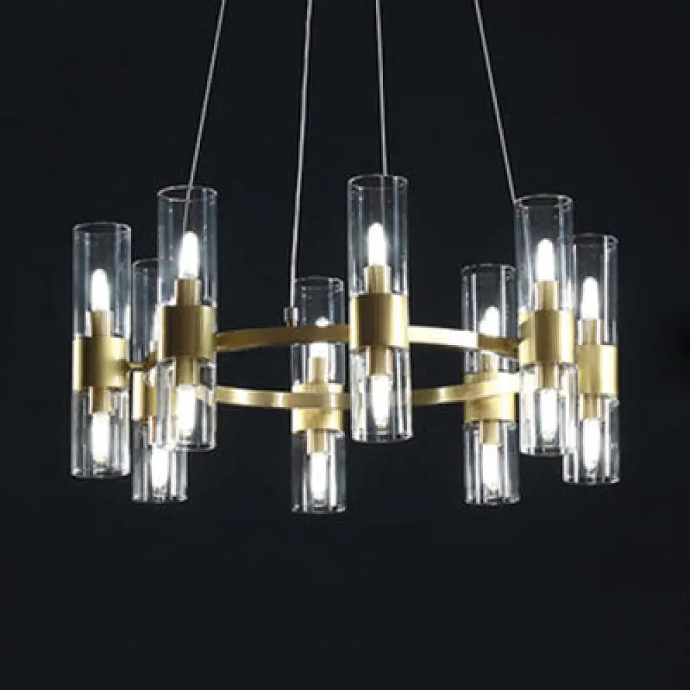 Modern Glass Pendant Chandelier With Clear Cylindrical Shades - 6/16 Lights 16 / Gold