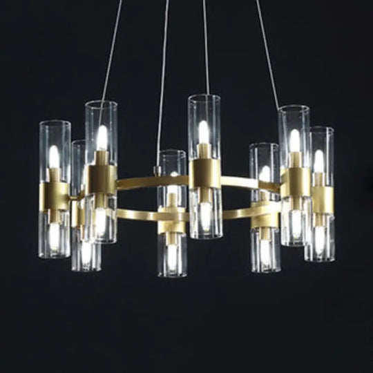 Modern Glass Pendant Chandelier With Clear Cylindrical Shades - 6/16 Lights 16 / Gold