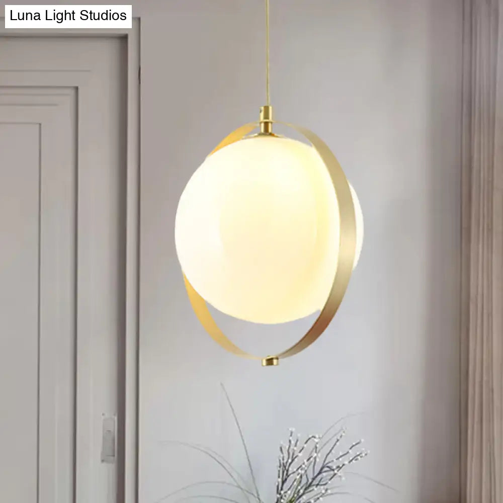 Modern Glass Pendant Light With Brass Ring - Globe White Hanging Kit