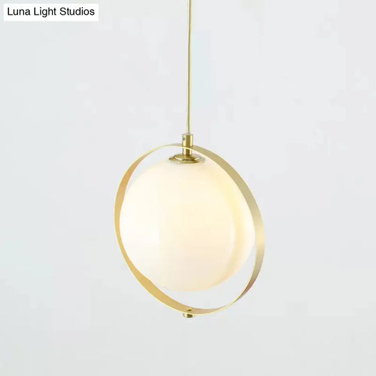 Modern Glass Pendant Light With Brass Ring - Globe White Hanging Kit