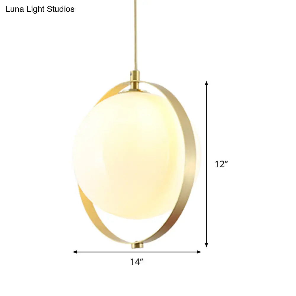 Modern White Glass Pendant Light Kit With Brass Ring - Globe Design