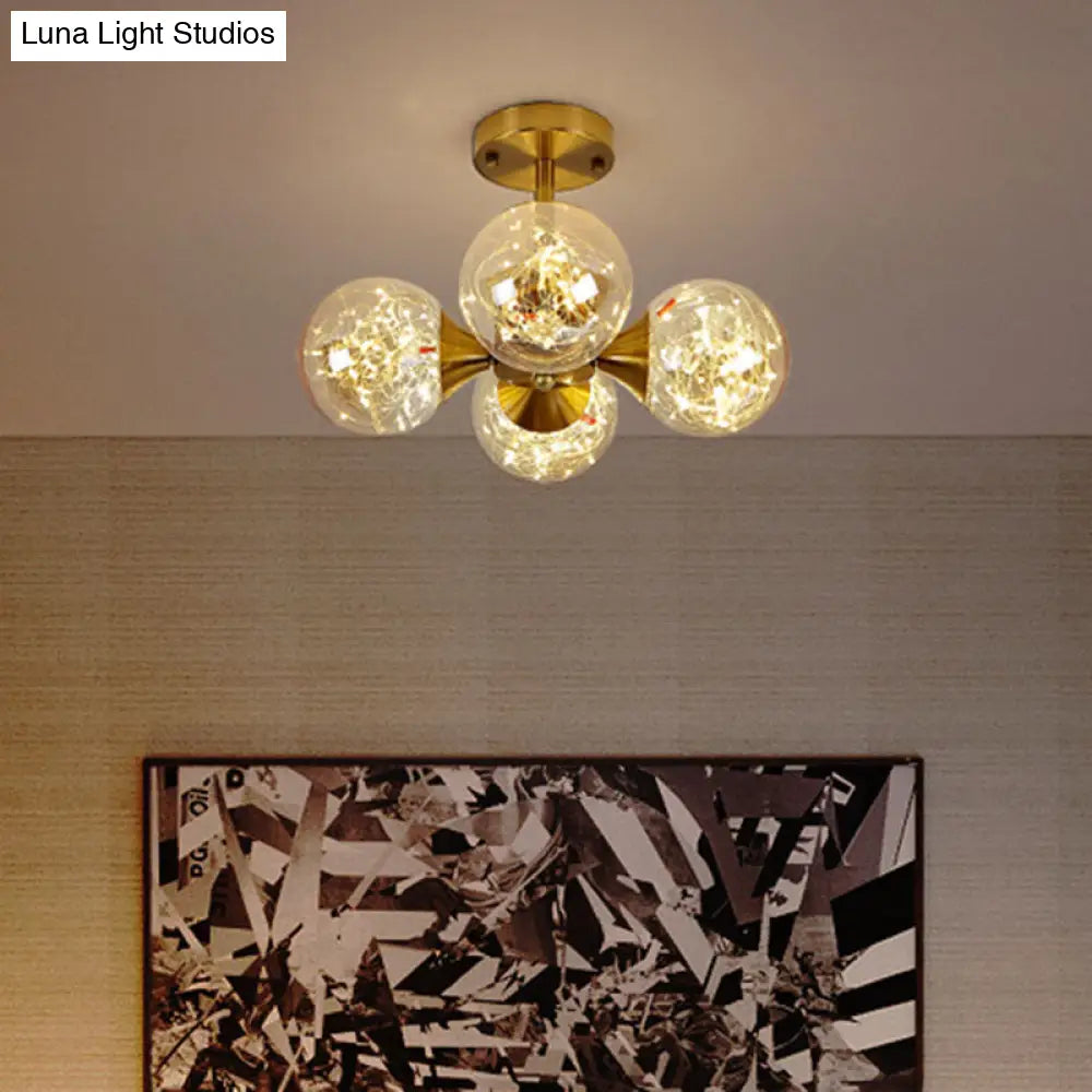 Modern Glass Semi Flush Mount Ceiling Light With Spherical Led Bulbs - 4-Light Bedroom Fixture Gold
