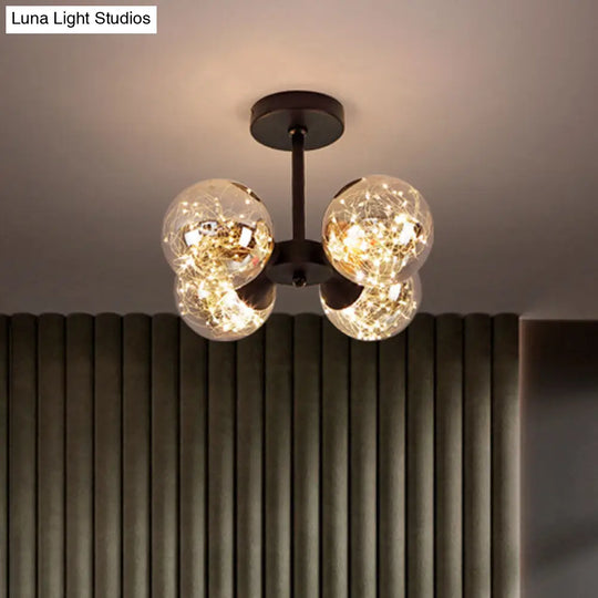 Modern Glass Semi Flush Mount Ceiling Light With Spherical Led Bulbs - 4-Light Bedroom Fixture Black