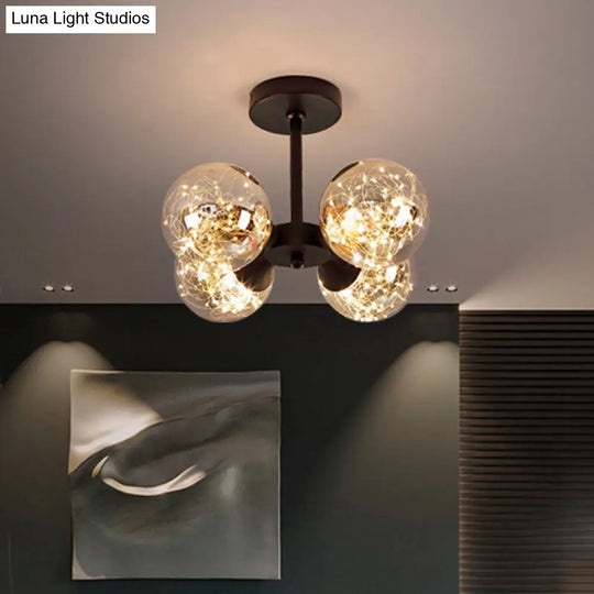 Modern Glass Semi Flush Mount Ceiling Light With Spherical Led Bulbs - 4-Light Bedroom Fixture