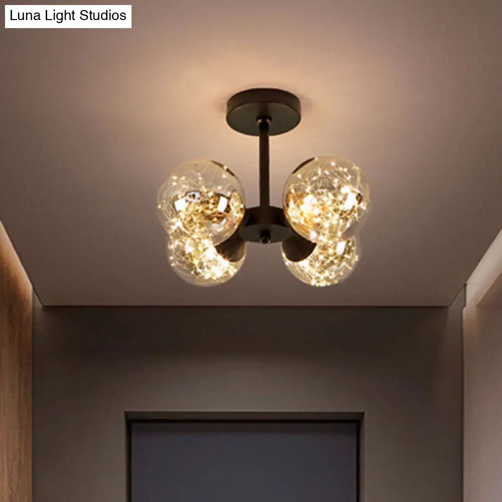 Modern Glass Semi Flush Mount Ceiling Light With Spherical Led Bulbs - 4-Light Bedroom Fixture