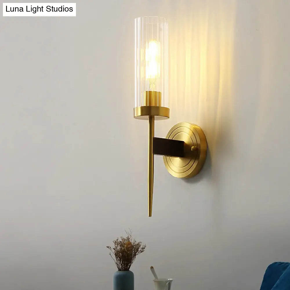 Modern Glass Tube Wall Sconce With Prismatic Design & Brass Finish For Living Room