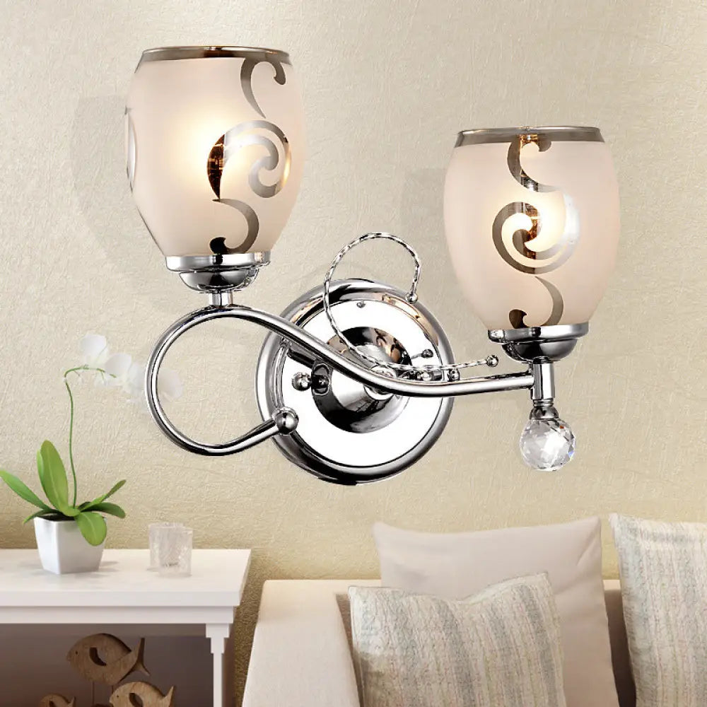 Modern Glass Wall Lighting: 2-Bulb Bowl Sconce With Crystal Ball Chrome Ideal For Living Room