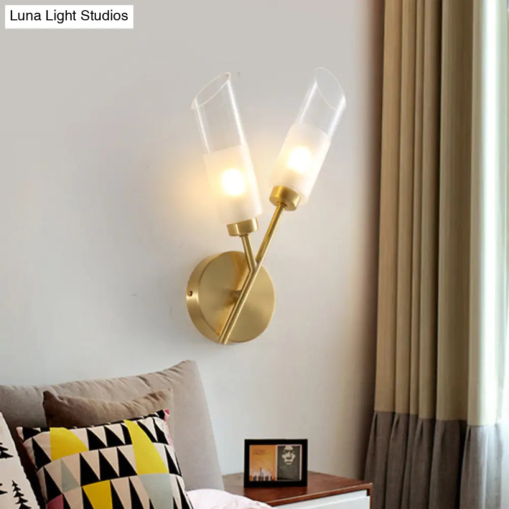 Modern Glass Wall Sconce With Beveled Tubes And 2-Light Brass Fixture