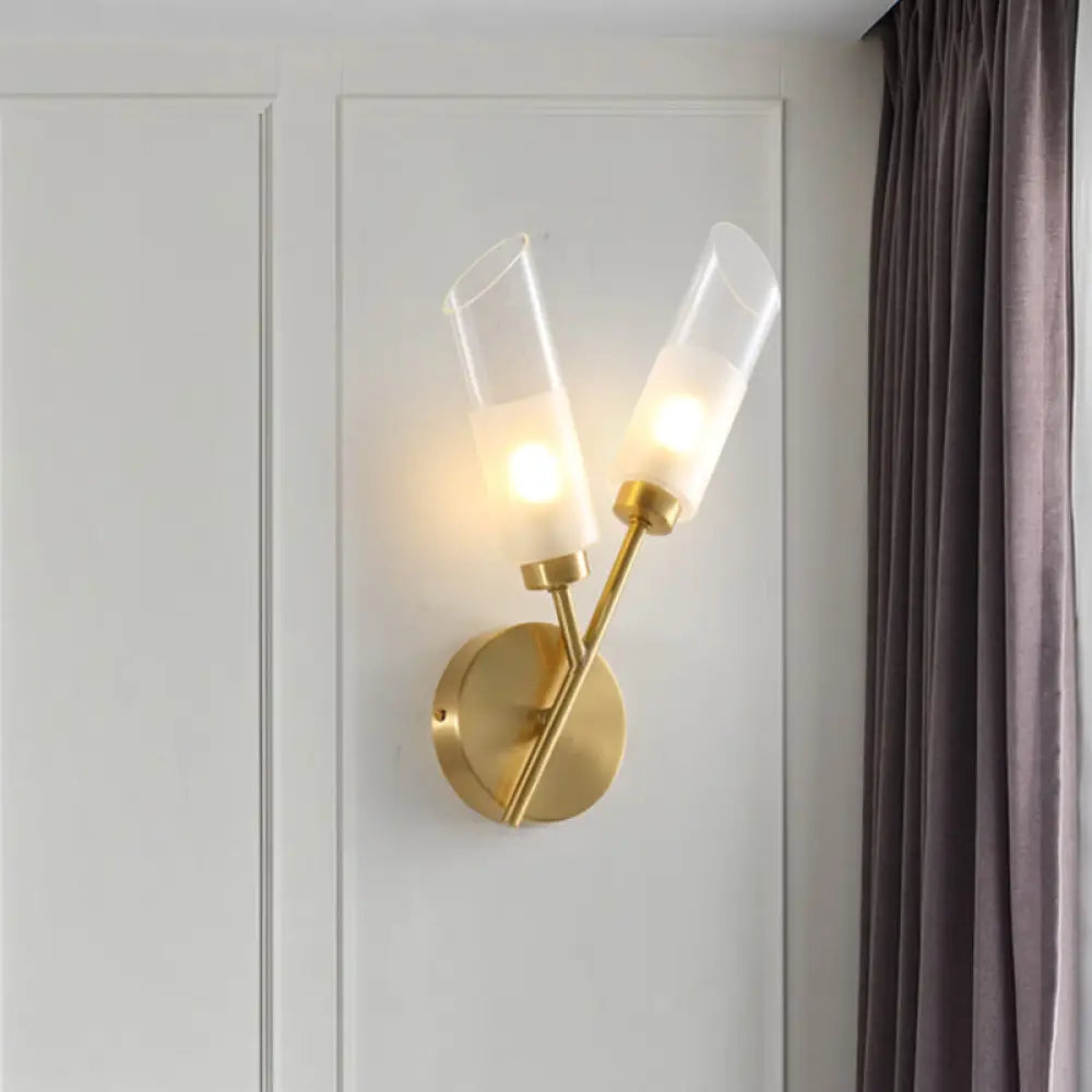 Modern Glass Wall Sconce With Beveled Tubes And 2-Light Brass Fixture